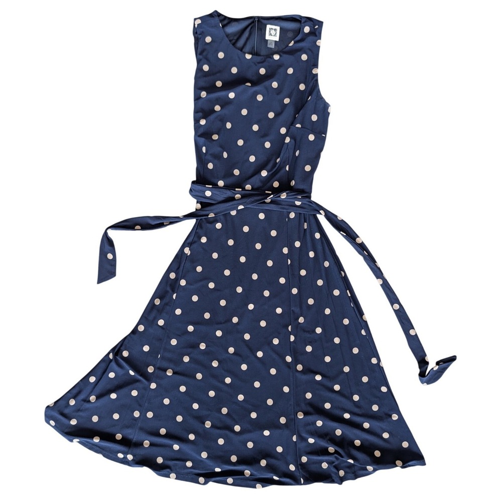 Anne Klein Sz. 10 Navy Blue Sleeveless Midi Dress Tie Waist Summer Spring